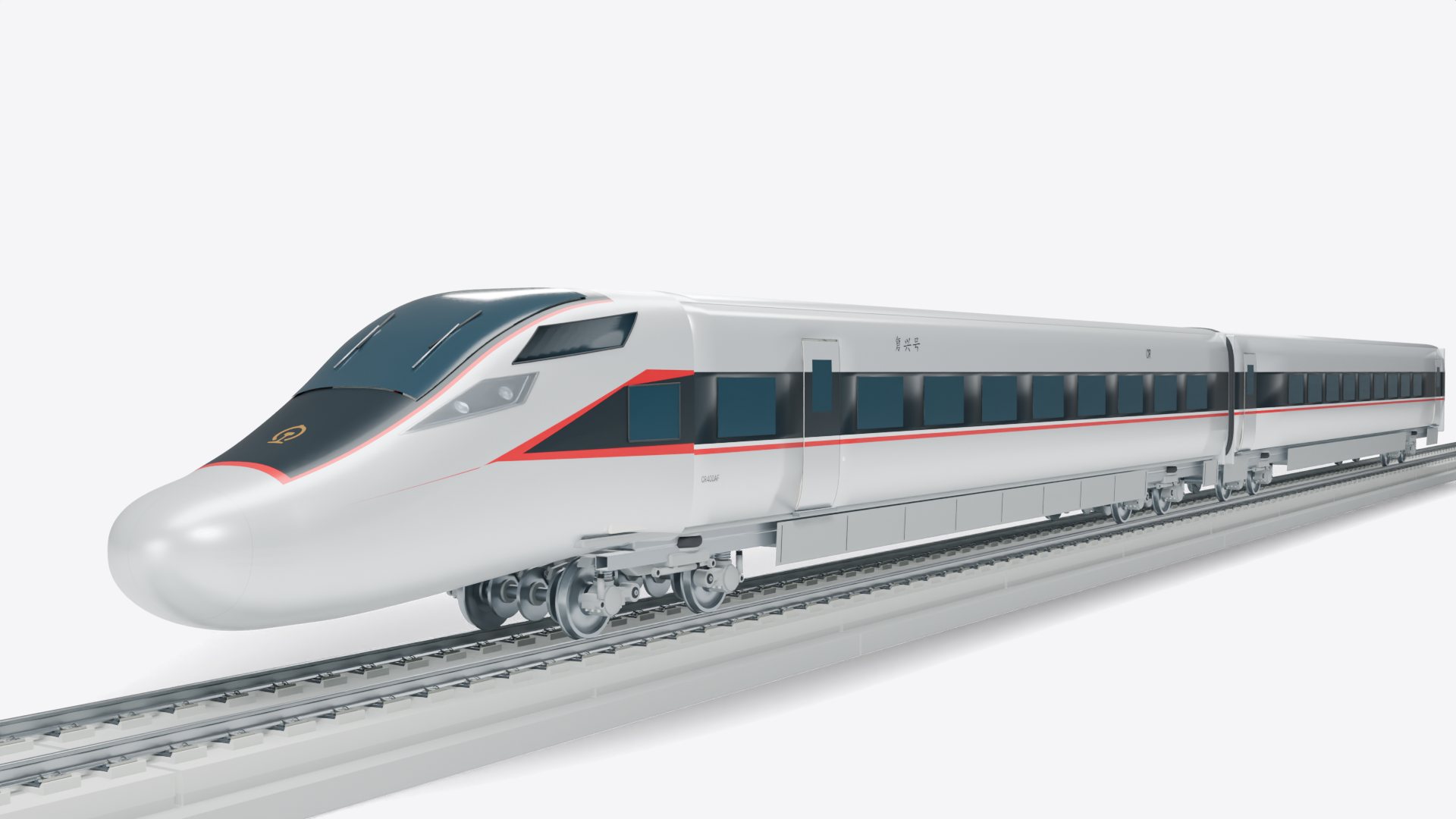 复兴号 CR400AF 教学展示模型头车斜前方渲染:银色车身、红色饰带、深色风挡;外观按公开照片近似建模。